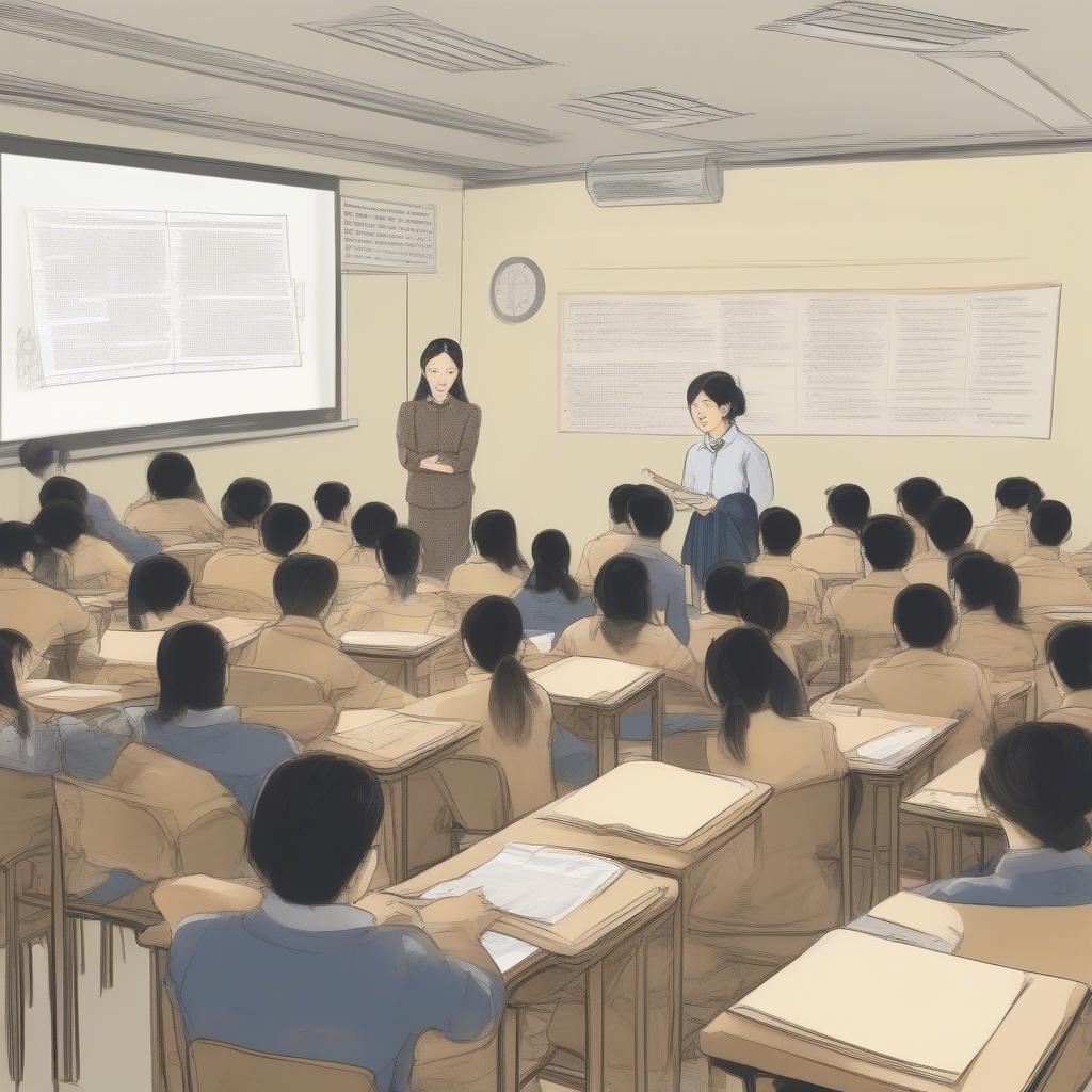 Bài giảng văn bản quảng cáo Ngữ văn 10: Hình ảnh minh họa về một bài giảng trên lớp với học sinh đang chú ý nghe giảng và ghi chép.
