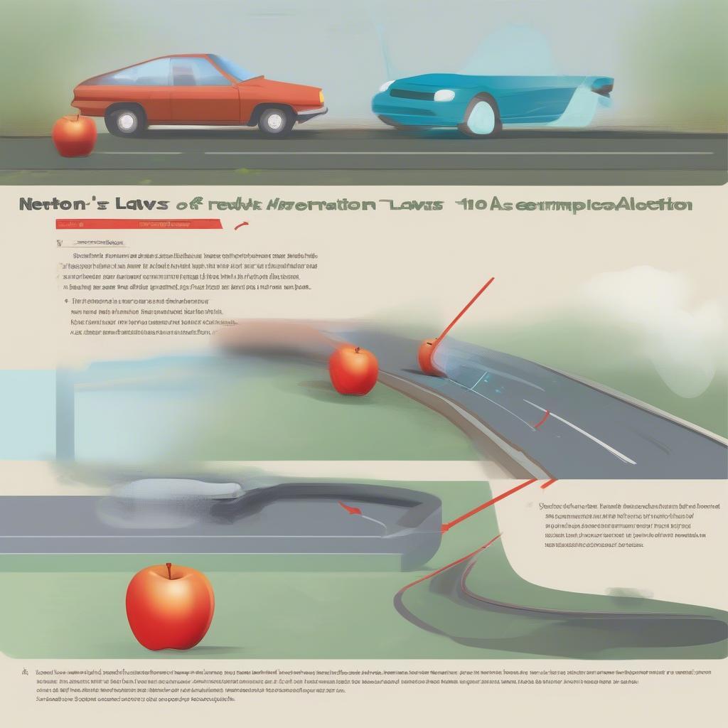 Cơ học Newton trong Vật lý 10: Minh họa các định luật Newton với hình ảnh quả táo rơi, xe hơi chuyển động và lực ma sát.