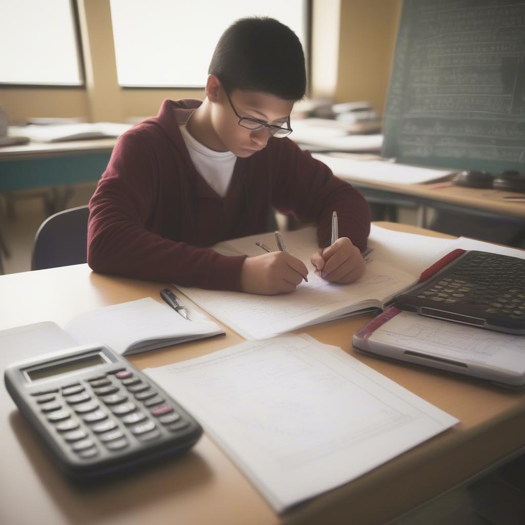 Học sinh đang làm bài tập vật lý