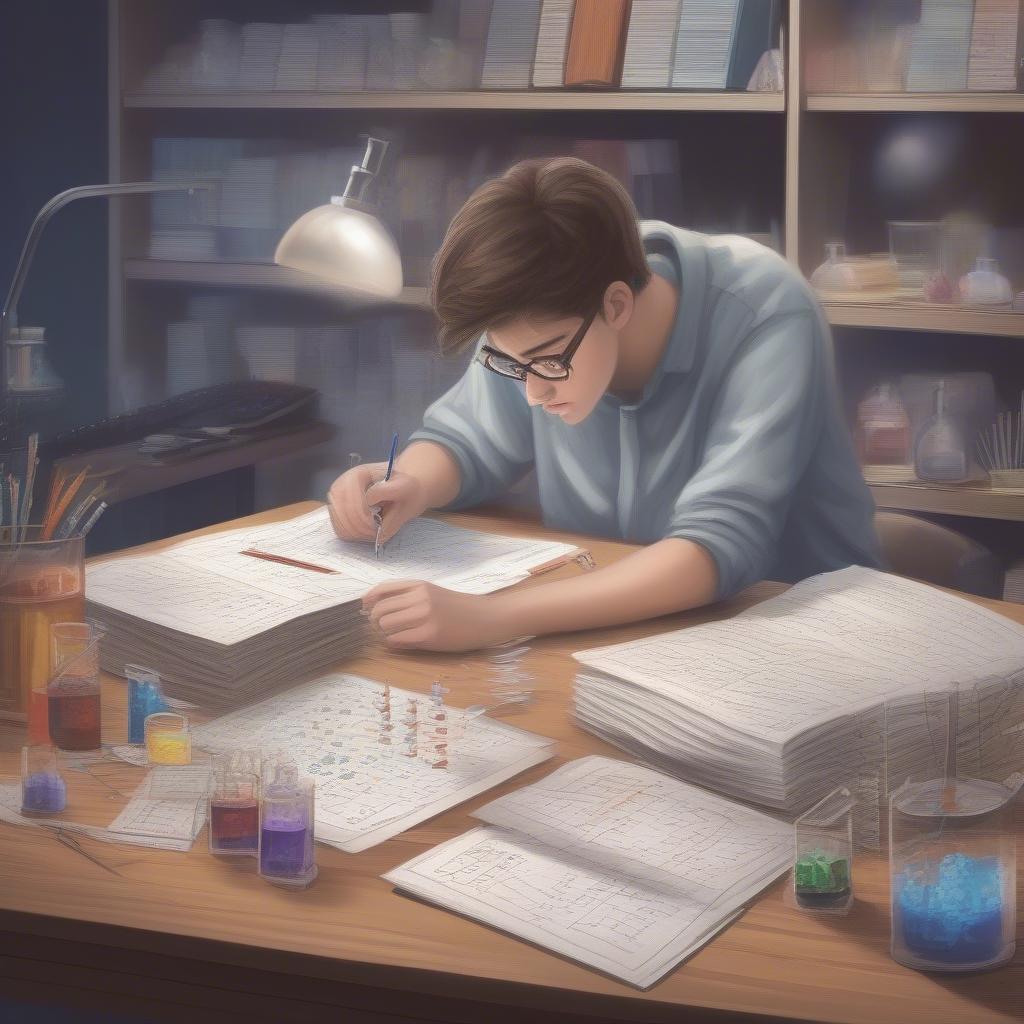 Showing a student effectively studying chemistry with organized notes, periodic table, and practice problems.