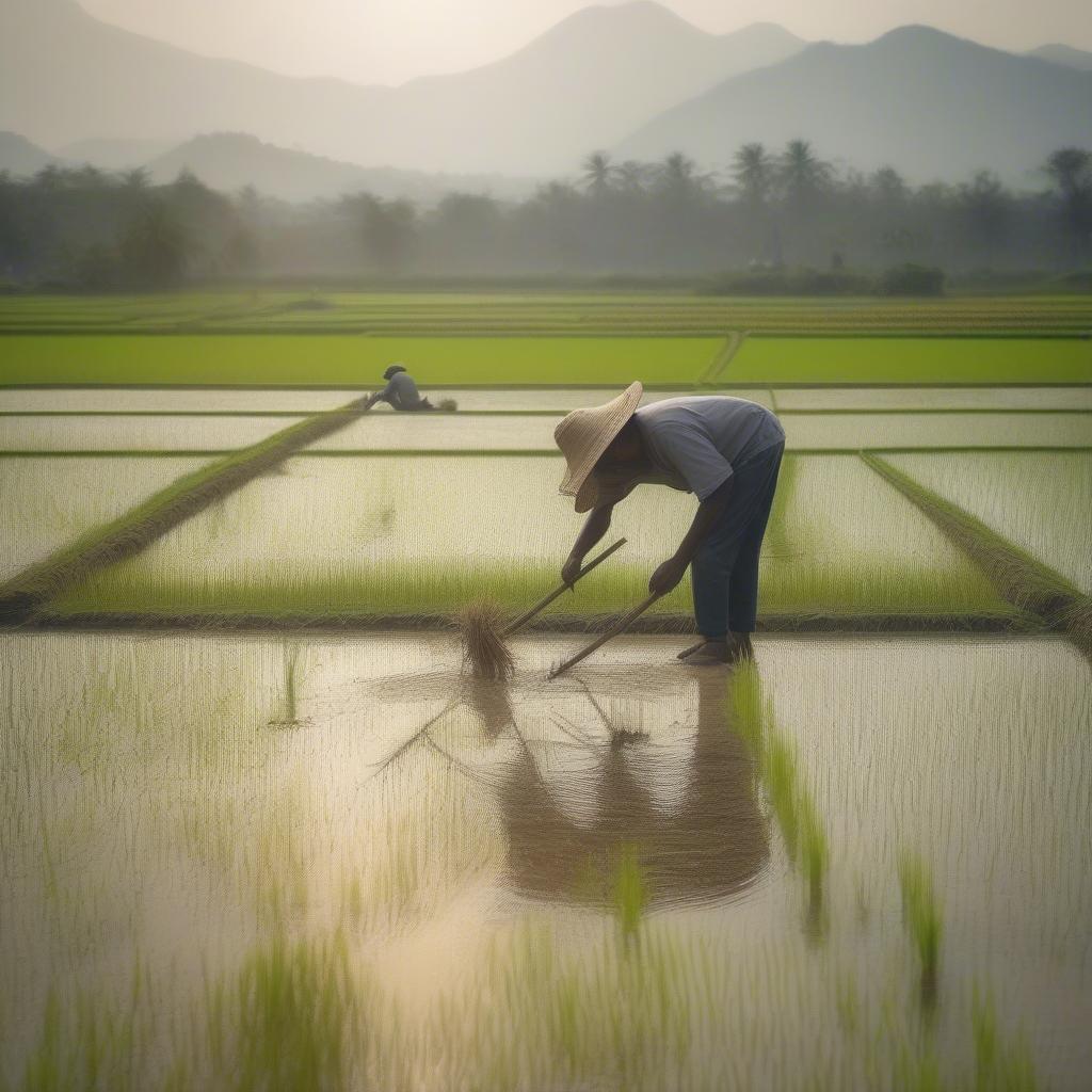 Người nông dân đang làm việc trên cánh đồng lúa, hình ảnh lao động cần cù và gắn bó với thiên nhiên.