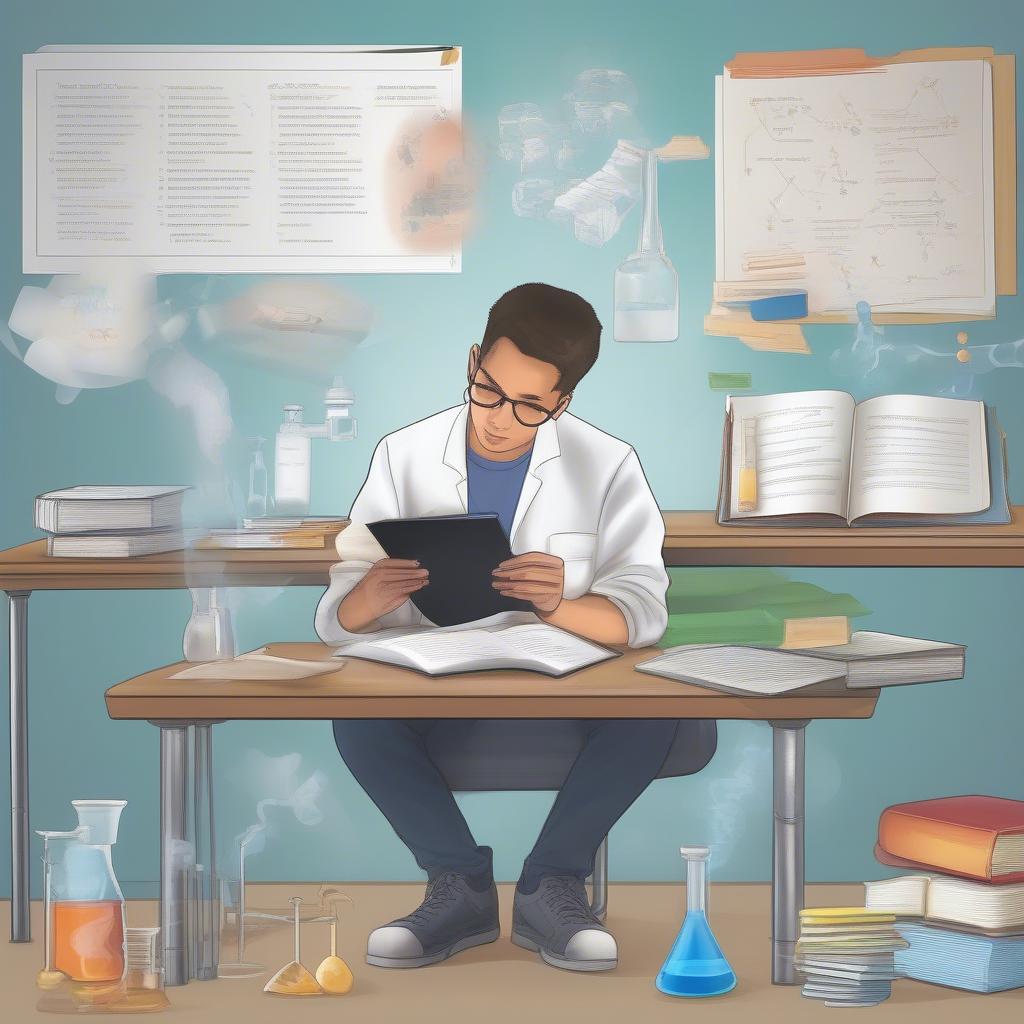 Ôn Tập Hóa Học 12 PDF: Hình ảnh minh họa một học sinh đang ôn tập cho kỳ thi tốt nghiệp THPT bằng tài liệu PDF về hóa học 12, bao gồm các chủ đề trọng tâm như este, cacbohydrat, amin, amino axit, polime và đại cương về kim loại.