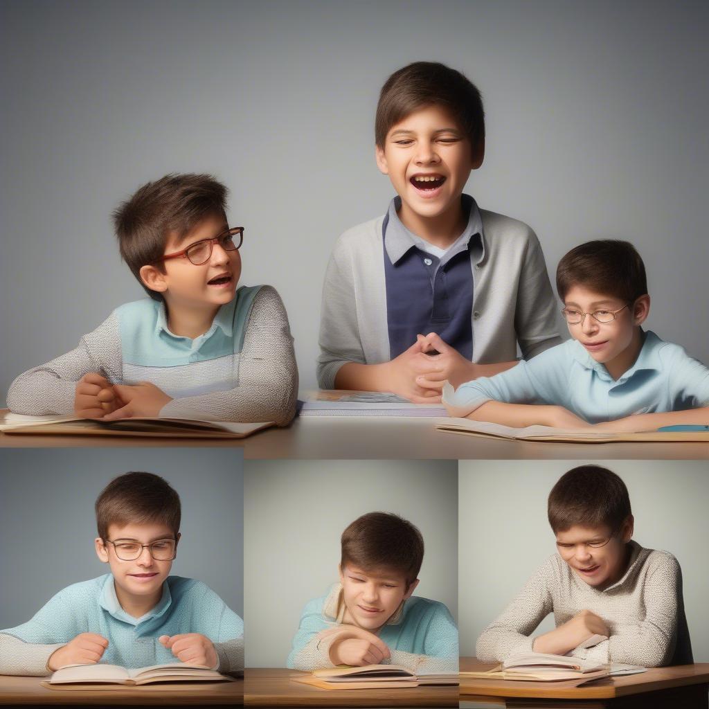 Various emotional expressions of a 10 year old boy, including happiness, frustration, and contemplation.