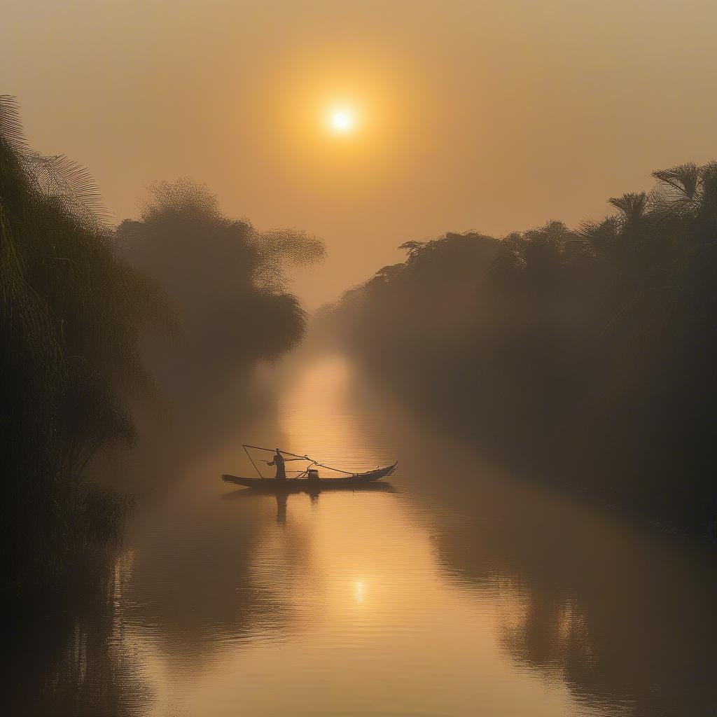 Bình minh trên Đồng Tháp Mười, ánh nắng xuyên qua màn sương