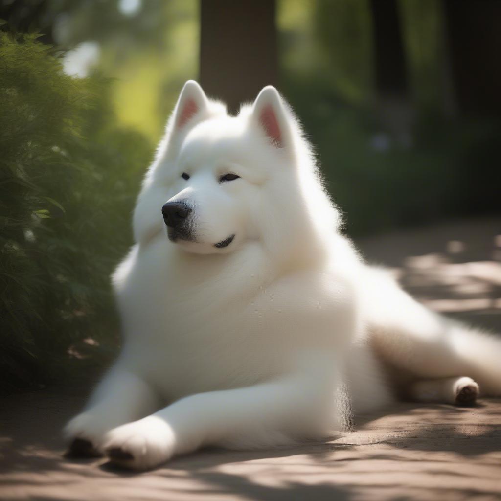 Chó Samoyed nằm mệt mỏi dưới bóng râm, biểu hiện say nắng.