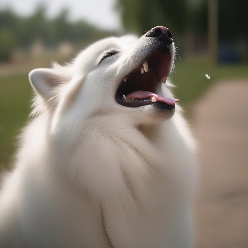 Chó Samoyed thở hổn hển trong thời tiết nóng bức.