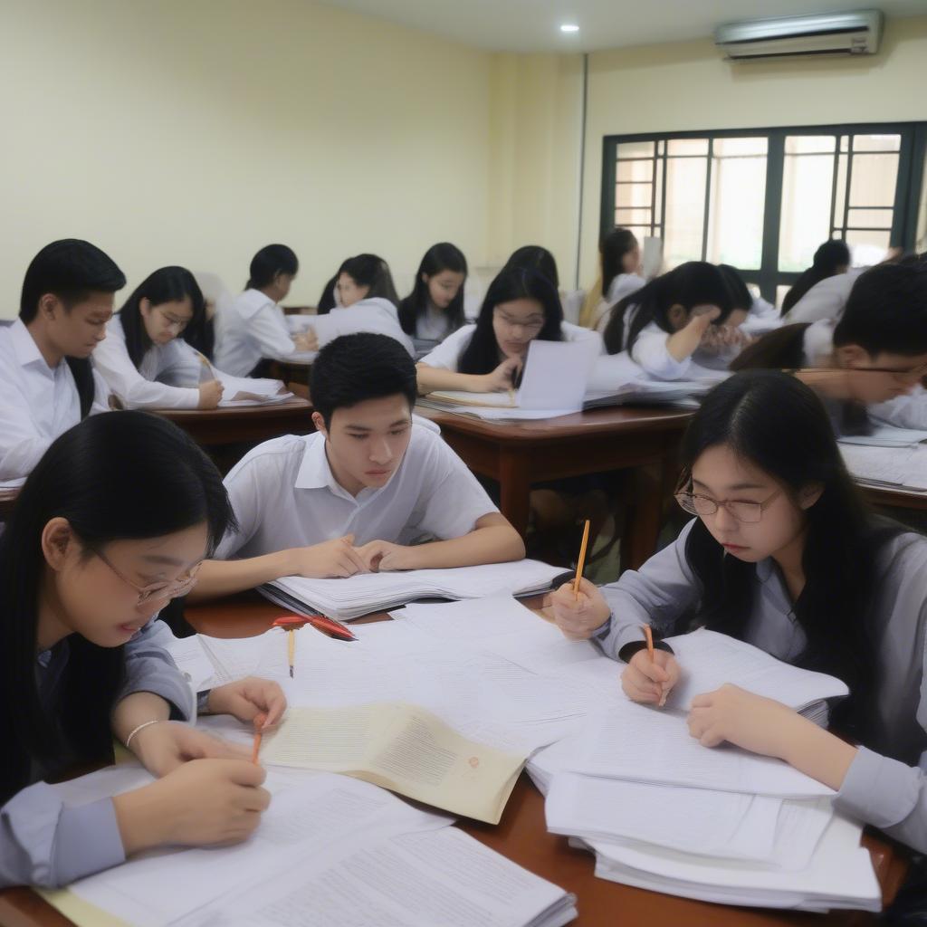 Students practicing with sample exam papers for the 10th-grade entrance exam in Literature.