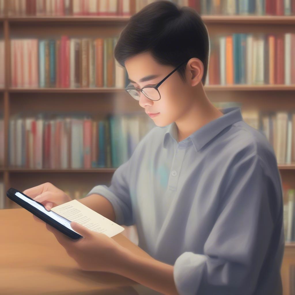 Học sinh đang đọc sách giáo khoa văn 10 ebook trên điện thoại