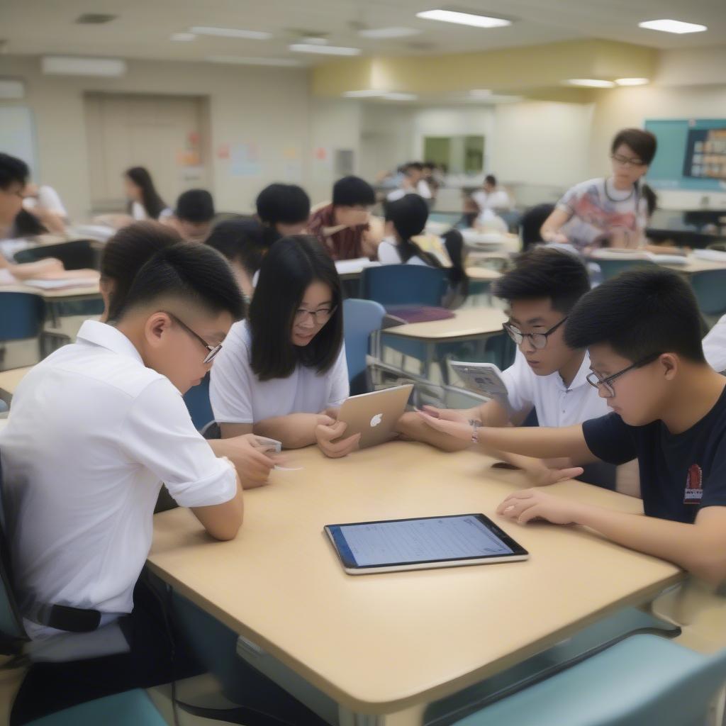Học sinh đang sử dụng sách giáo khoa văn 10 ebook để học tập cùng bạn bè.
