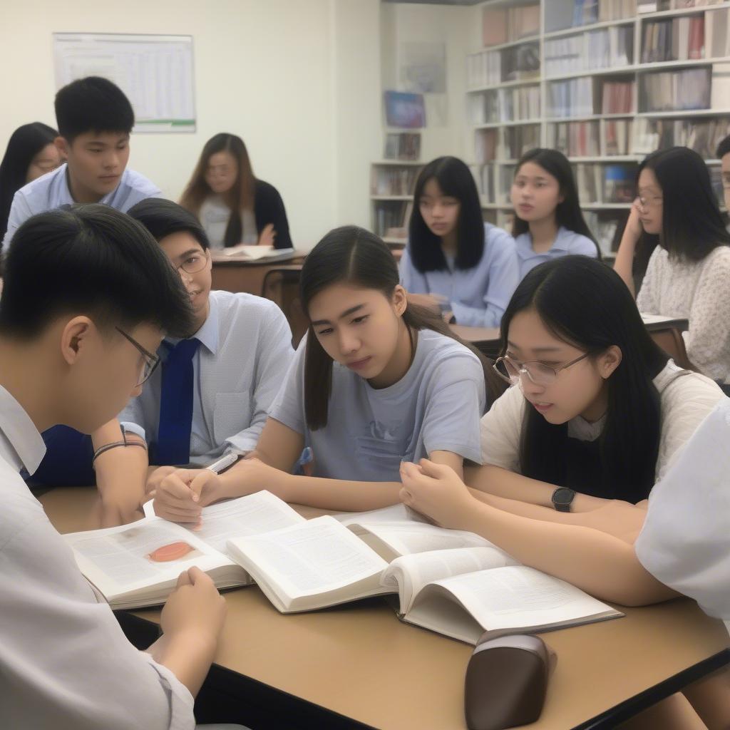 Học sinh đang học ngữ văn 10 - Một nhóm học sinh đang thảo luận về một tác phẩm văn học trong sách giáo khoa.