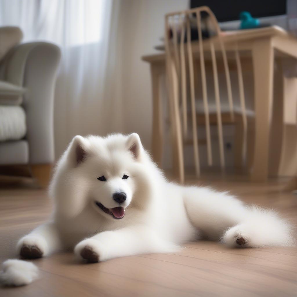 Chó Samoyed rụng lông nhiều, gây khó khăn trong việc vệ sinh nhà cửa.