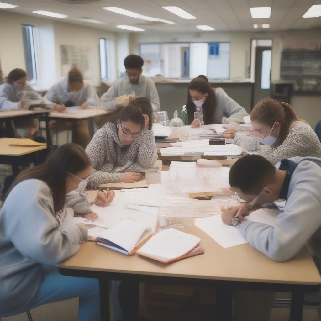 Students studying chemistry together, focusing on halide salts.