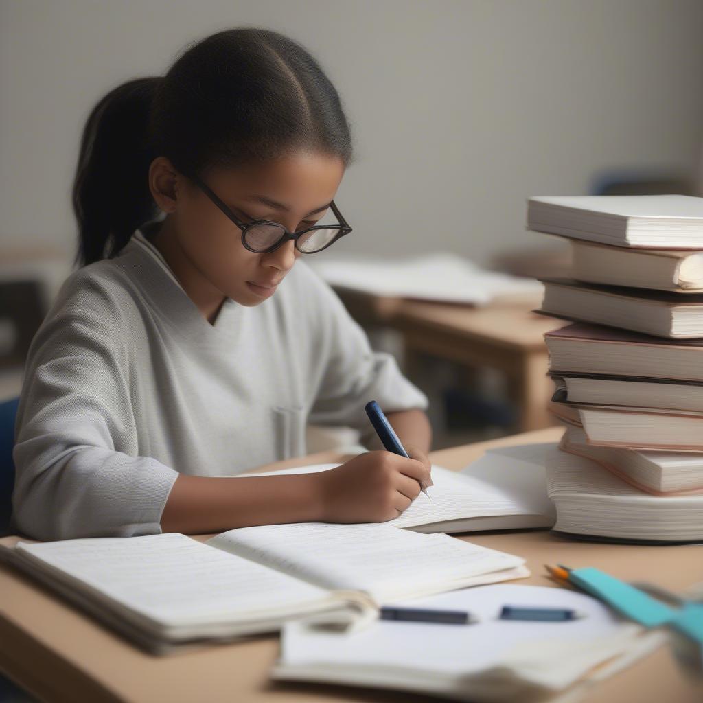 A student practicing writing an essay for the 10th-grade literature entrance exam.