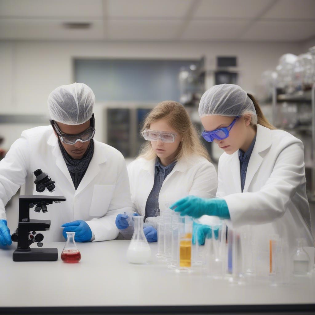 Thực hành hóa học 10 bài 26: Hình ảnh học sinh đang thực hiện thí nghiệm trong phòng lab với đầy đủ dụng cụ bảo hộ như kính, găng tay, áo blouse. Học sinh đang thao tác cẩn thận và tỉ mỉ theo hướng dẫn của giáo viên. Bên cạnh là giáo viên đang quan sát và hướng dẫn.